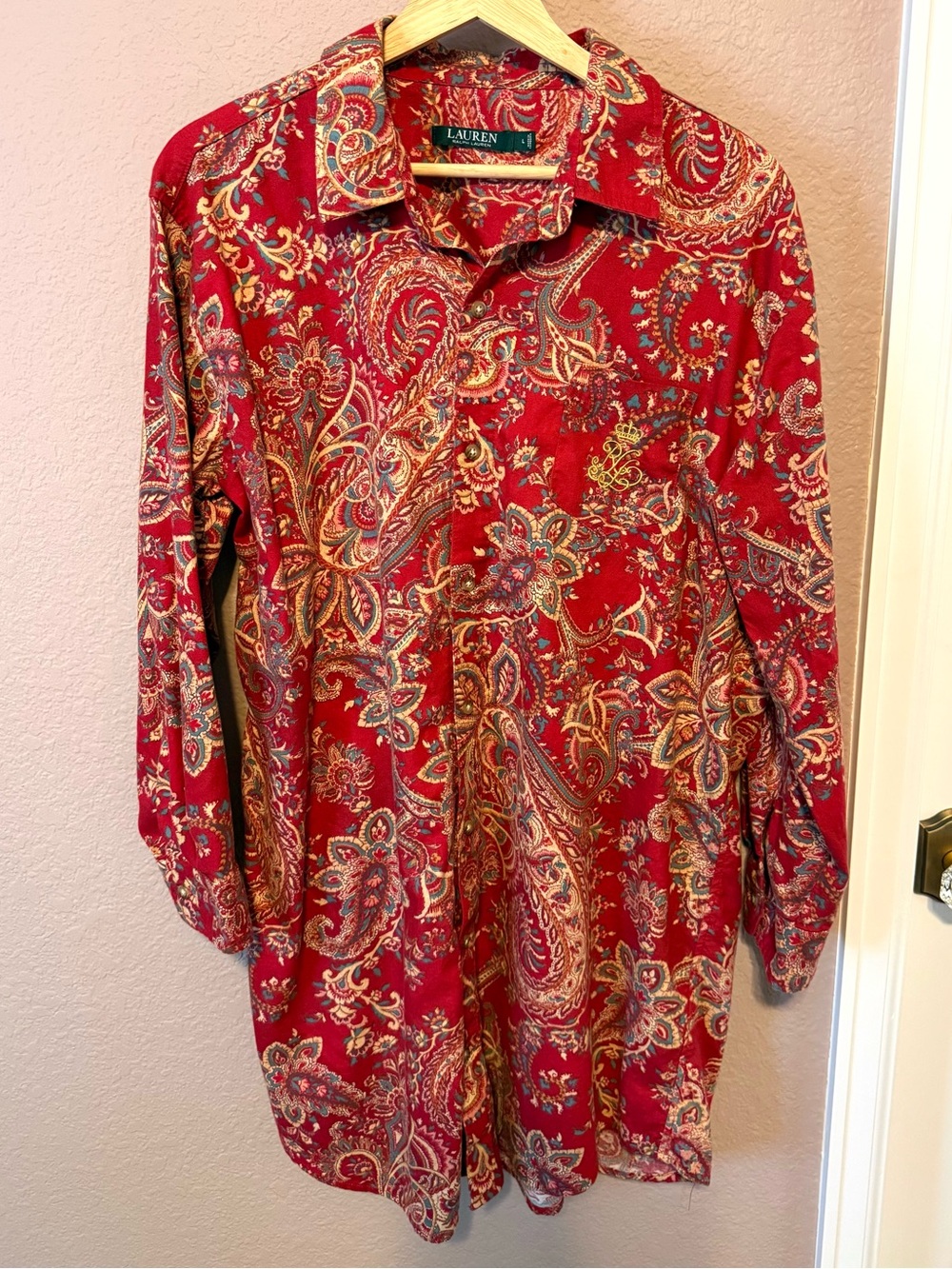Lauren by Ralph Lauren Red Paisley Button-Down Pajama Shirt Nightgown